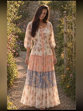 NWT Fig & Flower Botanical Butterfly Smocked Tiered Boho Maxi Dress L